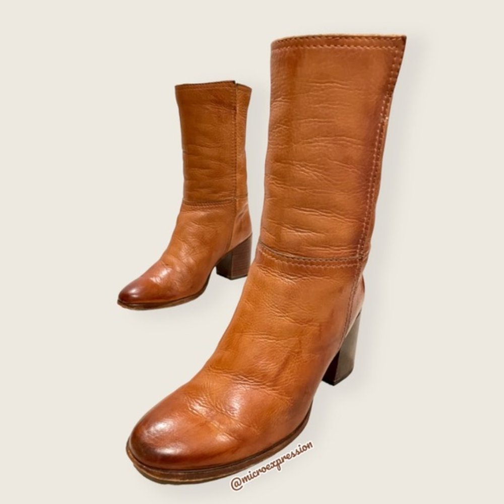 $399 Frye Nora Mid Calf Pull On Cognac Leather Heeled Fall/Winter Ankle Bootie - Picture 12 of 14